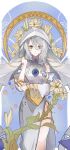  1girl bare_shoulders braid breasts chinese_commentary commentary_request cowboy_shot detached_sleeves dress flower genderswap genderswap_(mtf) girls&#039;_frontline girls&#039;_frontline_neural_cloud grey_hair hair_between_eyes hair_ornament hair_over_shoulder heituitui highres hole_in_chest hole_on_body long_hair looking_at_viewer lord_eosphoros_(girls&#039;_frontline_nc) medium_breasts sanctifiers_(girls&#039;_frontline_nc) side_slit sleeveless sleeveless_dress smile solo spoilers standing veil white_dress yellow_eyes 