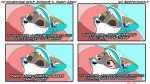  4_panel_comic anthro bed blue_background border canid canine canis cheek_tuft eyes_closed facial_tuft female furniture green_highlights hair hi_res highlights_(coloring) hunor inner_ear_fluff lying lying_on_bed mammal on_back on_bed pillow simple_background sleeping solo tuft white_border white_hair wide_eyed wolf zephyri_q_wolf zephyriwolf 