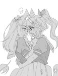  2girls animal_ears bangs bgd_3rd blush clenched_hands ear_bow eye_contact full-face_blush greyscale hands_on_another&#039;s_chest horse_ears horse_girl horse_tail hug long_hair looking_at_another mejiro_mcqueen_(umamusume) monochrome multiple_girls open_mouth ponytail sailor_collar school_uniform short_sleeves tail tokai_teio_(umamusume) tracen_school_uniform umamusume upper_body v-shaped_eyebrows yuri 