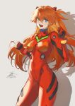  1girl blue_eyes bodysuit breasts commentary_request cowboy_shot fadingz grey_background hair_between_eyes highres long_hair looking_at_viewer neon_genesis_evangelion open_mouth orange_hair pixiv_id plugsuit signature simple_background solo souryuu_asuka_langley teeth tongue 