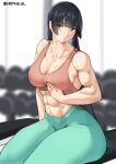  1girl abs absurdres bangs black_hair breasts cleavage cromwellb dumbbell highres hime_cut large_breasts long_bangs long_hair looking_to_the_side muscular muscular_female original purple_eyes solo sports_bra sportswear sweat tank_top thick_thighs thighs 