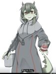  2022 anthro bag clothed clothing dialogue english_text female green_body green_hair green_skin hair half-length_portrait hi_res hoodie kobold looking_at_viewer mbf-p02 merchant nails open_mouth portrait potion red_eyes solo teeth text tongue topwear zipper 