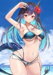  1girl arknights arm_up armpits bare_arms bare_shoulders bikini blue_bikini blue_hair blue_sky breasts ch&#039;en_(arknights) ch&#039;en_the_holungday_(arknights) cleavage cloud cloudy_sky collarbone covering_face cowboy_shot day dragon_girl dragon_horns dragon_tail elite_ii_(arknights) flower front-tie_bikini front-tie_top hair_flower hair_ornament halterneck hand_up hibiscus highres horns large_breasts long_hair looking_at_viewer micro_shorts multi-strapped_bikini navel official_alternate_costume open_fly outdoors red_eyes red_flower shorts sky smile solo stomach string_bikini swimsuit tail thighs water white_shorts wide_hips yuzuruka_(bougainvillea) 