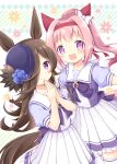  2girls :d animal_ears bangs black_bow black_headwear blue_flower blue_rose blue_shirt blush bow brown_hair closed_mouth commentary_request diagonal_stripes ear_bow floral_background flower frilled_skirt frills hair_over_one_eye hairband hands_up haru_urara_(umamusume) hat hat_flower highres horse_ears horse_girl horse_tail long_hair multiple_girls nanase_miori own_hands_together pink_hair pleated_skirt puffy_short_sleeves puffy_sleeves purple_eyes red_hairband rice_shower_(umamusume) rose shirt short_sleeves skirt smile striped striped_background tail thighhighs tilted_headwear umamusume very_long_hair white_background white_bow white_skirt white_thighhighs 