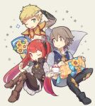  1girl 2boys bangs blonde_hair brown_eyes brown_hair cake dated fire_emblem fire_emblem_fates flower food gift green_eyes haconeri hair_between_eyes laslow_(fire_emblem) long_hair multiple_boys odin_(fire_emblem) one_eye_closed open_mouth red_eyes red_hair selena_(fire_emblem_fates) short_hair smile twintails 