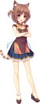  1girl animal_ear_fluff animal_ears anklet azuki_(nekopara) bangs blush bracelet brown_eyes brown_footwear brown_hair cat_ears cat_hair_ornament cat_tail crossed_arms full_body hair_ornament highres jewelry miniskirt nekopara non-web_source official_art open_mouth photoshop_(medium) pleated_skirt sayori_(neko_works) short_hair short_sleeves skirt solo standing striped_tail tachi-e tail transparent_background two_side_up 