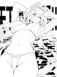  1girl animal_ears arms_up bikini breasts breasts_apart chestnut_mouth chinese_text commentary daiwa_scarlet_(umamusume) hair_between_eyes hair_intakes highleg highleg_bikini highres horse_ears horse_girl large_breasts long_hair long_sleeves looking_at_viewer lying micro_bikini monochrome navel no_pants on_back open_clothes open_shirt sketch slit_pupils solo swimsuit symbol-only_commentary thighs tiara twintails umamusume very_long_hair xlnosearch_(xlxiaoluodiaofa) 