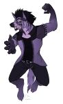  anthro armband black_clothing black_eyebrows black_hair black_nose black_stripes black_topwear bulge cheek_tuft clothing elbow_tuft eyebrows facial_tuft fangs front_view fur glistening glistening_nose hair hyaenid imperatorcaesar looking_at_viewer male mammal open_mouth open_smile purple_body purple_clothing purple_fur purple_topwear signature smile solo spiked_armband spikes striped_neck stripes topwear tuft yellow_eyes 
