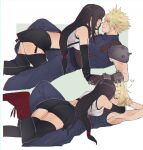  1boy 1girl armor bare_shoulders black_hair black_skirt black_thighhighs blonde_hair blue_eyes breasts cloud_strife couple crop_top cuddling detached_sleeves english_commentary final_fantasy final_fantasy_vii final_fantasy_vii_remake girl_on_top gloves hug large_breasts long_hair looking_at_another low-tied_long_hair lying on_back perlmuttt red_eyes red_footwear shoulder_armor skirt sleeveless sleeveless_turtleneck spiked_hair suspender_skirt suspenders sweater tank_top thighhighs thighs tifa_lockhart turtleneck turtleneck_sweater white_tank_top zettai_ryouiki 