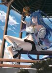  1girl absurdres ankle_boots arknights bangs bare_shoulders beruko14 blue_eyes blue_hair boots dragon_girl dragon_horns dragon_tail full_body highres horns jug ling_(arknights) long_hair long_sleeves navel off_shoulder open_mouth pagoda pointy_ears sitting solo tail thighs white_footwear 