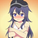  1girl akatsuki_(kancolle) anchor_symbol bare_shoulders blue_eyes blue_hair blush bra crossed_arms embarrassed hat kantai_collection long_hair machikado_mazoku no_shirt parody solo sugapi underwear upper_body white_bra 