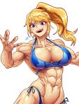  1girl abs bikini blonde_hair blue_eyes breasts highres large_breasts long_hair looking_at_viewer metroid mole mole_under_mouth muscular muscular_female open_mouth samus_aran solo sparkeyjinjin swimsuit white_background 