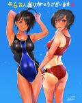  2girls adjusting_clothes ahoge arms_up artist_self-insert ass back bangs bikini black_hair blue_swimsuit closed_mouth commentary_request competition_swimsuit dated hand_in_own_hair hand_on_hip highres kilesha looking_at_viewer looking_back midriff milestone_celebration mole mole_under_eye multiple_girls one-piece_swimsuit open_mouth original red_bikini short_hair side-by-side signature simple_background smile sparkle sports_bikini standing sweatdrop swimsuit tan tanlines thigh_gap translated 