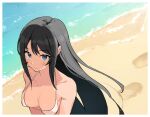  1girl armpit_crease asakura_nuruma beach bikini bikini_top_only black_hair blue_eyes blush breasts cleavage footprints highres long_hair looking_at_viewer medium_breasts sakurajima_mai seishun_buta_yarou smile swimsuit white_bikini 