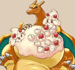  alcremie ambiguous_gender belly big_belly charizard featureless_crotch female feral food food_creature group hi_res humanoid nintendo orange_body orange_scales overweight po_chf pok&eacute;mon pok&eacute;mon_(species) red_eyes scales scalie simple_background trio video_games 