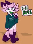  anthro baggy_clothing baggy_shirt baggy_topwear blush bodily_fluids canid canine clothing crotch_tuft dipstick_arms dipstick_fingers dipstick_legs dipstick_tail embarrassed english_text eyelashes fangs female fennec fluffy fluffy_tail fox fur green_eyes green_mouth green_tongue greeting hair horn ichigo_mackerel_(mdctoby12) knee_tuft leg_tuft mammal markings mdctoby12 neck_tuft nervous pink_body pink_fur pivoted_ears purple_body purple_ears purple_fur purple_nose shadow shirt simple_background solo speech_bubble sweat tail_markings text text_on_clothing text_on_shirt text_on_topwear tongue topwear tuft white_body white_fur 