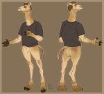  anthro border bottomless brown_background brown_hair brown_hooves butt camel camelid clothed clothing featureless_crotch front_view fur grey_clothing grey_shirt grey_t-shirt grey_topwear hair hooves imperatorcaesar male mammal rear_view shirt signature simple_background solo standing t-shirt tan_body tan_fur tan_inner_ear topwear 