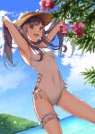  1girl blue_sky blurry breasts brown_eyes brown_headwear casual_one-piece_swimsuit cloud cowboy_shot day depth_of_field dutch_angle flower garter_belt grey_hair hat hibiscus horizon kaeru_(ka=l) long_hair mountain ocean one-piece_swimsuit original outdoors sky small_breasts solo sun_hat swimsuit thigh_strap white_swimsuit 