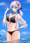  1girl :o absurdres alternate_hairstyle aqua_eyes bikini black_bikini black_choker blue-tinted_eyewear blue_nails blue_sky bracelet breasts can choker cloud day drink earrings energy_drink hair_ribbon hand_on_hip highres holding holding_can hololive hololive_indonesia hoop_earrings jewelry large_breasts muramasa_dash navel open_mouth outdoors pavolia_reine pendant_choker pink_hair ribbon see-through see-through_shirt sky solo stomach sunglasses swimsuit tinted_eyewear virtual_youtuber wading water wet 