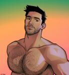  1boy armpit_hair bara black_hair brown_eyes chest_hair facial_hair gradient gradient_background highres large_pectorals male_focus manly muscular muscular_male nipples original parted_lips pectorals seupil_hyugo_(spirohugo) short_hair simple_background solo twitter_username upper_body 