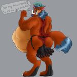  abdominal_bulge anal anal_vore anthro belly big_belly blue_hair butt clothing dialogue frat_boy gnar_(lol) hair hat headgear headwear hi_res incertusfatum league_of_legends male muscular muscular_male riot_games same_size_vore text tusks video_games vore yordle 