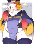 &lt;3 2022 anthro biped blush chubby_anthro chubby_male claws clothed clothing digital_media_(artwork) hi_res male navel nintendo overweight pok&eacute;mon pok&eacute;mon_(species) rokacake simple_background smile solo taoist_talisman thick_thighs tongue tongue_out video_games zangoose 