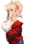  1girl animal_ears bare_shoulders blonde_hair breasts character_request copyright_request ear_piercing green_eyes grin highres in_(ain) jacket large_breasts long_hair looking_at_viewer piercing ponytail red_jacket sidelocks simple_background slit_pupils smile solo upper_body white_background 