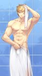  1boy abs absurdres arm_up armpits bakugou_katsuki bara blonde_hair boku_no_hero_academia highres kurohitsuji_th male_focus muscular muscular_male nipples red_eyes towel 