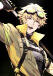  1boy absurdres arm_up armor bangs black_background brown_eyes gloves goggles goggles_on_head hair_between_eyes helios_rising_heroes high_collar highres holding looking_at_viewer male_focus open_mouth simple_background solo sonomi teeth twitter_username underwear upper_teeth will_sprout 