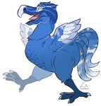  ambiguous_gender avian blue_body blue_feathers blue_tail_feathers claws eyes_closed feathered_wings feathers happy imperatorcaesar open_mouth open_smile pink_tongue side_view signature simple_background smile solo tail_feathers tongue white_background white_claws wings 