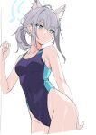  1girl agemono_(agemonoooooo) animal_ear_fluff animal_ears bangs black_swimsuit blue_archive blue_eyes breasts competition_swimsuit covered_navel cowboy_shot cross_hair_ornament extra_ears grey_hair hair_ornament halo looking_back low_ponytail medium_breasts medium_hair mismatched_pupils multicolored_clothes multicolored_swimsuit one-piece_swimsuit shiroko_(blue_archive) shiroko_(swimsuit)_(blue_archive) simple_background solo swimsuit white_background 