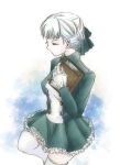  1girl alice_elliot book bow braid breasts buttons closed_eyes closed_mouth dress gloves hair_bow highres holding long_sleeves mirin_(gyochou) shadow_hearts short_hair skirt solo thighhighs white_hair 