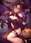  1girl :d altheavin black-framed_eyewear black_gloves blue_eyes blush breasts cleavage clothing_cutout commentary_request crepe dress food glasses gloves halloween_costume hat highres holding holding_food jack-o&#039;-lantern jack-o&#039;-lantern_hat_ornament labyrista large_breasts navel navel_cutout princess_connect! purple_dress red_hair semi-rimless_eyewear sitting smile solo under-rim_eyewear witch_hat 