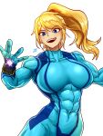  1girl abs blonde_hair blue_eyes bodysuit breasts highres large_breasts long_hair looking_at_viewer metroid mole mole_under_mouth muscular muscular_female open_mouth samus_aran solo sparkeyjinjin white_background 