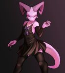  2022 4_fingers absurd_res anthro black_clothing black_dress clothed clothing dress female fingers flat_chested hi_res horn jarnqk kobold legwear looking_at_viewer lya_(jarnqk) nails pink_body pink_sclera red_eyes ribbons scalie simple_background solo thigh_highs 
