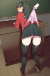  1girl absurdres black_hair brown_footwear classroom commission fate/stay_night fate_(series) hair_ribbon highres looking_at_viewer looking_back panties panty_pull pink_panties red_sweater ribbon skirt standing sweater thighhighs tohsaka_rin underwear 