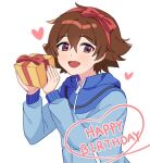  1boy :d bangs blue_jacket box brown_eyes brown_hair commentary_request gift gift_box hairband hands_up happy_birthday heart hilbert_(pokemon) holding holding_gift jacket long_sleeves male_focus open_mouth p_(flavorppp) pokemon pokemon_(game) pokemon_bw second-party_source short_hair smile solo upper_body zipper_pull_tab 