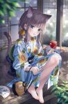 1girl absurdres animal_ear_fluff animal_ears bangs barefoot blue_eyes blurry blurry_foreground blush candy_apple cat cat_ears cat_girl cat_tail extra_ears floral_print flower food full_body hair_flower hair_ornament hand_fan highres holding holding_food japanese_clothes jimmy_madomagi kimono knees_up long_hair long_sleeves looking_at_viewer nail_polish obi orange_nails original paper_fan parted_lips plant print_kimono sash sitting smile solo striped striped_kimono sunflower_print tail tail_raised toenail_polish toenails uchiwa veranda vertical-striped_kimono vertical_stripes white_flower wide_sleeves wooden_floor yellow_flower yukata 