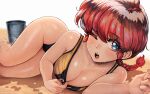  1girl artist_name bare_legs blue_eyes blush braid breasts bucket cleavage clothes_pull hair_behind_ear large_breasts lying magion02 one_eye_closed ranma-chan ranma_1/2 red_hair shirt_pull solo sweat web_address 
