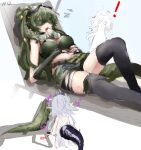  ! 2girls absurdres arknights bare_shoulders bikini black_thighhighs blindfold breasts crocodilian_tail feet_out_of_frame gavial_(arknights) gavial_the_invincible_(arknights) green_bikini green_hair grey_hair highres knee_up long_hair mask mask_around_neck medium_breasts multiple_girls multiple_views pointy_ears ponytail reclining sleeping stomach swimsuit tail thighhighs tomimi_(arknights) tomimi_(silent_night)_(arknights) yuukiey zzz 