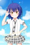  1girl ahoge arm_up bangs blue_hair blue_sky blush brown_eyes character_name cloud collared_shirt commentary_request day gochuumon_wa_usagi_desu_ka? grey_necktie grey_skirt grin happy_birthday highres jouga_maya looking_at_viewer mitya necktie outdoors plaid plaid_necktie plaid_skirt pleated_skirt puffy_short_sleeves puffy_sleeves school_uniform shirt short_sleeves skirt sky smile solo twitter_username white_shirt 