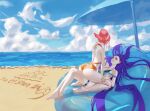  2girls absurdres animal_ears ass beach bikini blue_bikini breasts cleavage cloud duju_jiugong_zhong fox_ears fox_girl genshin_impact hair_behind_ear hair_bun halterneck highres large_breasts long_hair multiple_girls ocean one-piece_tan orange_swimsuit pink_hair purple_eyes purple_hair raiden_shogun sitting sitting_on_person skindentation sky swimsuit tan tanlines thigh_strap umbrella very_long_hair yae_miko 