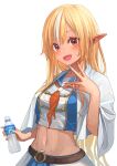  1girl :d blonde_hair blue_nails bottle fingernails holding holding_bottle hololive long_hair looking_at_viewer midriff multicolored_hair multicolored_nails nail_polish navel neckerchief orange_nails orange_neckerchief pointy_ears red_eyes sakumichi shiranui_flare simple_background smile solo stomach streaked_hair sweat virtual_youtuber water_bottle white_background white_hair 