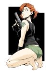  bare_shoulders barefoot blue_eyes breasts desert_eagle fingerless_gloves gloves green_panties gun handgun highres holding holding_gun holding_weapon kneeling meryl_silverburgh metal_gear_(series) metal_gear_solid no_pants panties polarityplus red_hair tank_top tattoo underwear weapon 