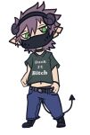  chibi clothing collar demon green_eyes hair horn humanoid male mask navel purple_hair solo spade_tail text text_on_clothing uluri 