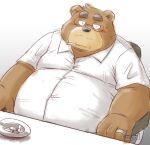  2022 anthro belly big_belly black_nose blush brown_body brown_fur clothing eyewear fur glasses humanoid_hands kemono male mammal mature_male overweight overweight_male shirt sitting smoking solo topwear toshi_(artist) ursid 
