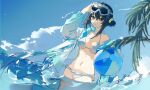  arknights ball bangs beachball bikini black_eyes black_hair blue_jacket blue_sky breasts cowboy_shot day goggles goggles_on_head hair_between_eyes highres jacket la_pluma_(arknights) la_pluma_(summer_flowers)_(arknights) looking_at_viewer medium_breasts navel off_shoulder open_clothes open_jacket qiangjiaodiangong short_hair sidelocks single_bare_shoulder sky standing stomach swimsuit wading water white_bikini 