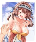  1girl ahoge ball beachball bikini blush breasts brown_hair chougei_(kancolle) closed_eyes collarbone hair_rings holding holding_ball holding_beachball kantai_collection kasashi_(kasasi008) large_breasts long_hair official_alternate_costume open_mouth smile solo_focus swimsuit yellow_bikini 