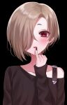  1girl black_background black_shirt blonde_hair blush collarbone earrings finger_to_mouth hair_over_one_eye highres idolmaster idolmaster_cinderella_girls jewelry looking_at_viewer nail_polish one_eye_covered pinky_out red_eyes sahara_tsugumi shirasaka_koume shirt simple_background single_bare_shoulder solo stud_earrings upper_body 