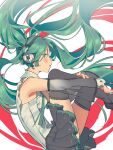  1girl bangs black_skirt black_thighhighs breasts detached_sleeves etaa89 feet_out_of_frame frilled_shirt frills green_eyes green_hair hatsune_miku headphones hugging_own_legs long_hair looking_to_the_side medium_breasts parted_lips pleated_skirt see-through see-through_sleeves shirt skirt sleeveless sleeveless_shirt solo thighhighs twintails vocaloid white_background white_shirt 